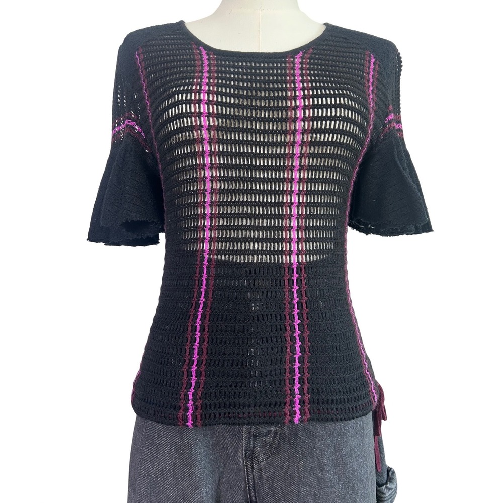 Free People Black Plaid Mesh Bell Sleeve Knit Top Size‎ Small